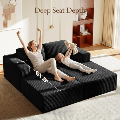 80" Compact Modular Sofa with Movable Ottoman, Corduroy Upholstered Cloud Couch with Deep Seating & Supportive Spring Structure, Comfortable Boneless Sofa Bed for Apartment Living, No Assembly, Black
