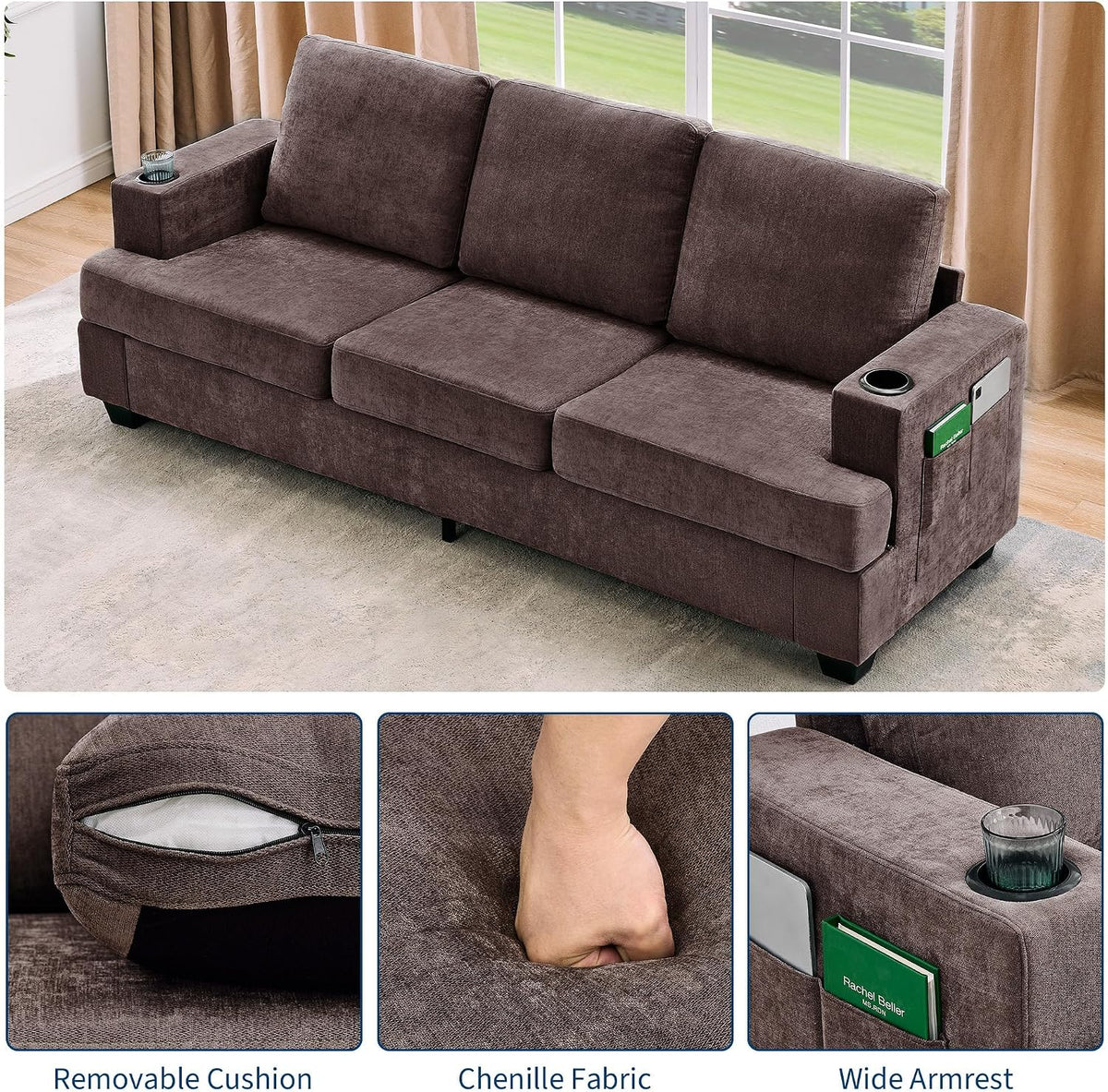 89" Couch for Living Room,Chenille Sofa with Cup Holders-Brown