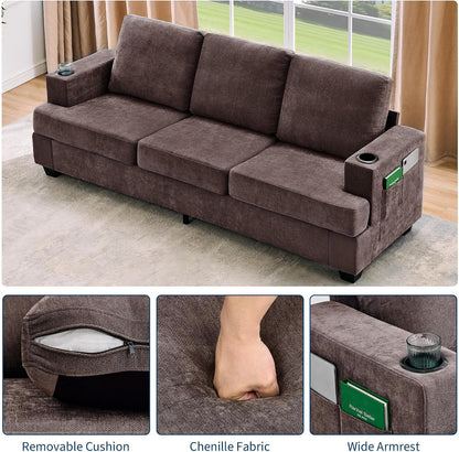 89" Couch for Living Room,Chenille Sofa with Cup Holders-Brown