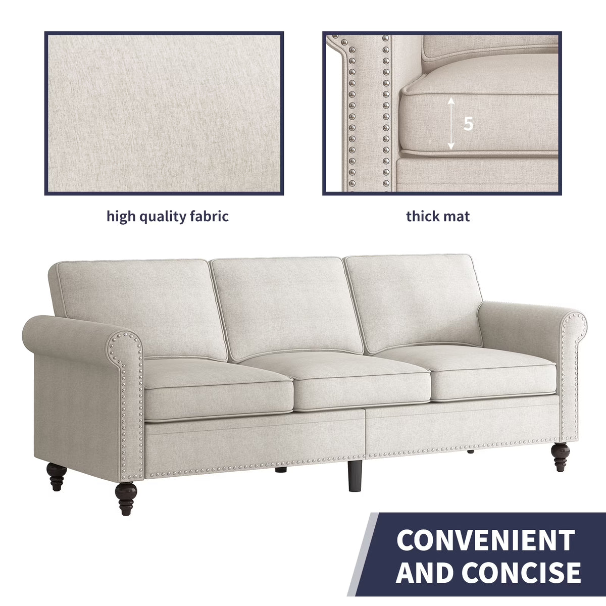 3 Piece Living Room Sofa Set, 3 Seat Sofa + Loveseat + Armchair, Couches Sets with Solid Wood Frame for Living Room - Beige