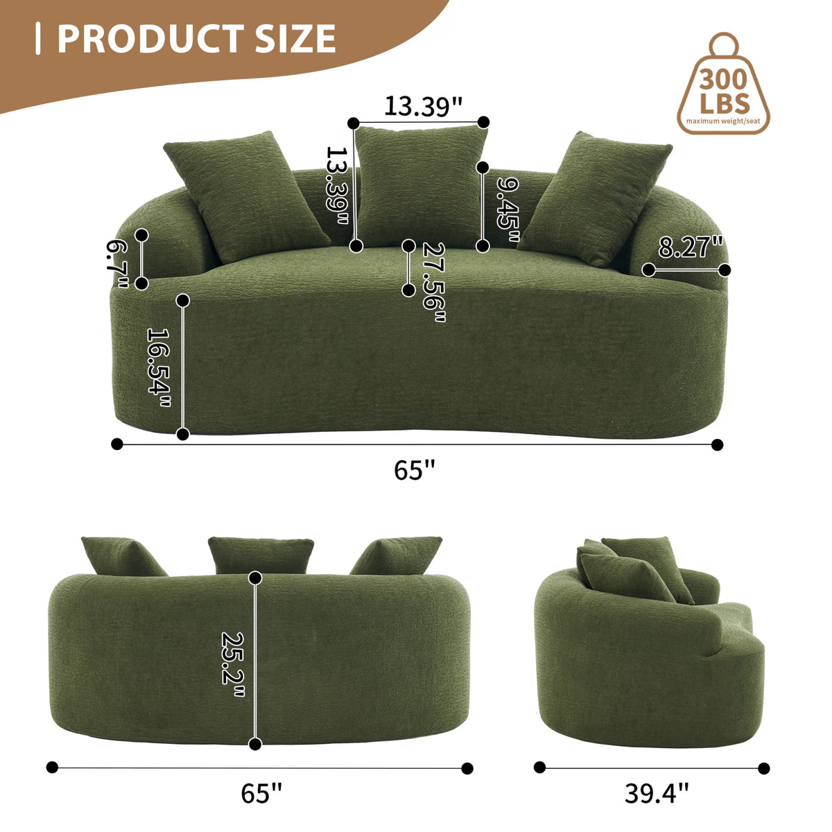 65"W Chenille Compression Curved Loveseat, No Assembly Required, Full Compression Sponge Plush Couch with 3 Throw Pillows, Luxury Floor Cloud Boneless Couches for Small Spaces & Living Room