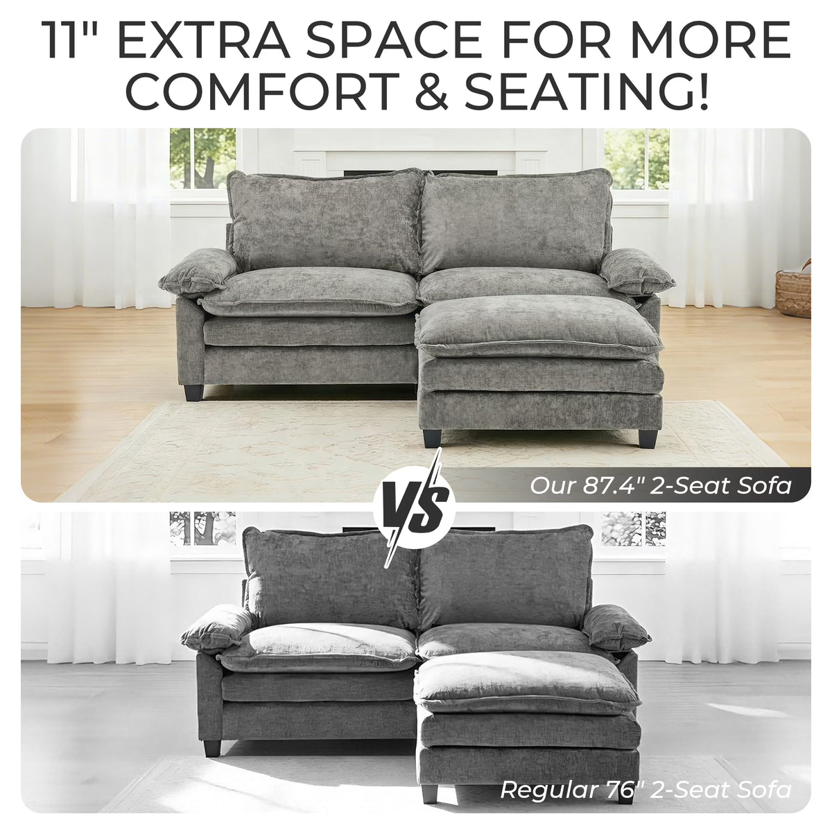 87" W L Shaped Cloud Sectional Sofa, Chenille Upholstered Couch with Chaise and Movable Ottoman, 2-Seater, Light Gray