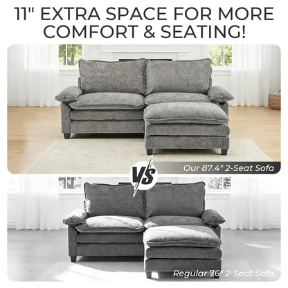 87" W L Shaped Cloud Sectional Sofa, Chenille Upholstered Couch with Chaise and Movable Ottoman, 2-Seater, Light Gray