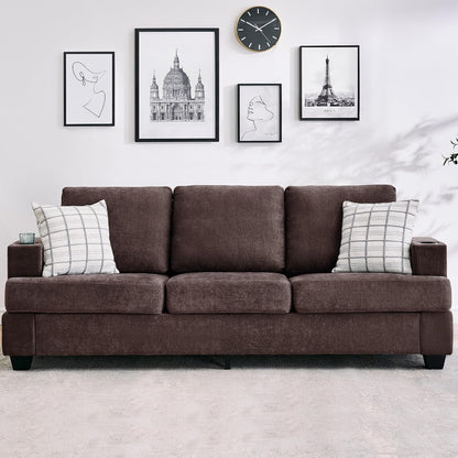 89" Couch for Living Room,Chenille Sofa with Cup Holders-Brown