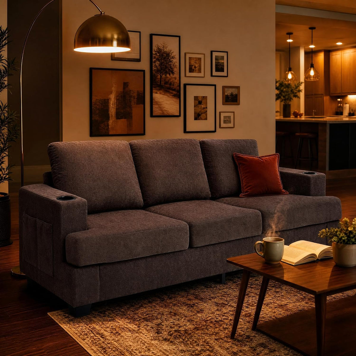 89" Couch for Living Room,Chenille Sofa with Cup Holders-Brown