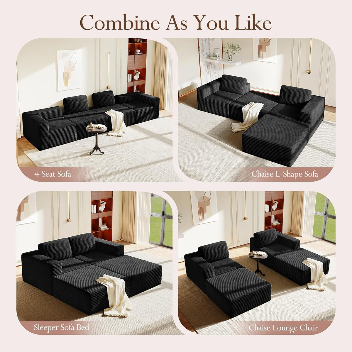 80" Compact Modular Sofa with Movable Ottoman, Corduroy Upholstered Cloud Couch with Deep Seating & Supportive Spring Structure, Comfortable Boneless Sofa Bed for Apartment Living, No Assembly, Black
