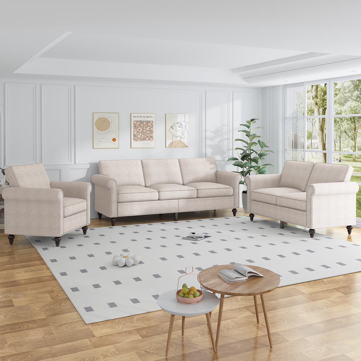 3 Piece Living Room Sofa Set, 3 Seat Sofa + Loveseat + Armchair, Couches Sets with Solid Wood Frame for Living Room - Beige